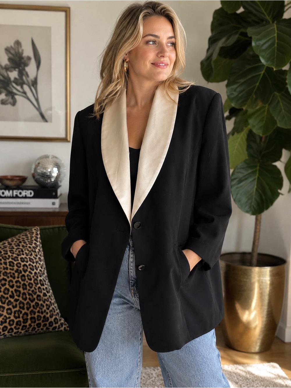 Vintage 80s/90s Studio One Black Satin Lapel Blazer